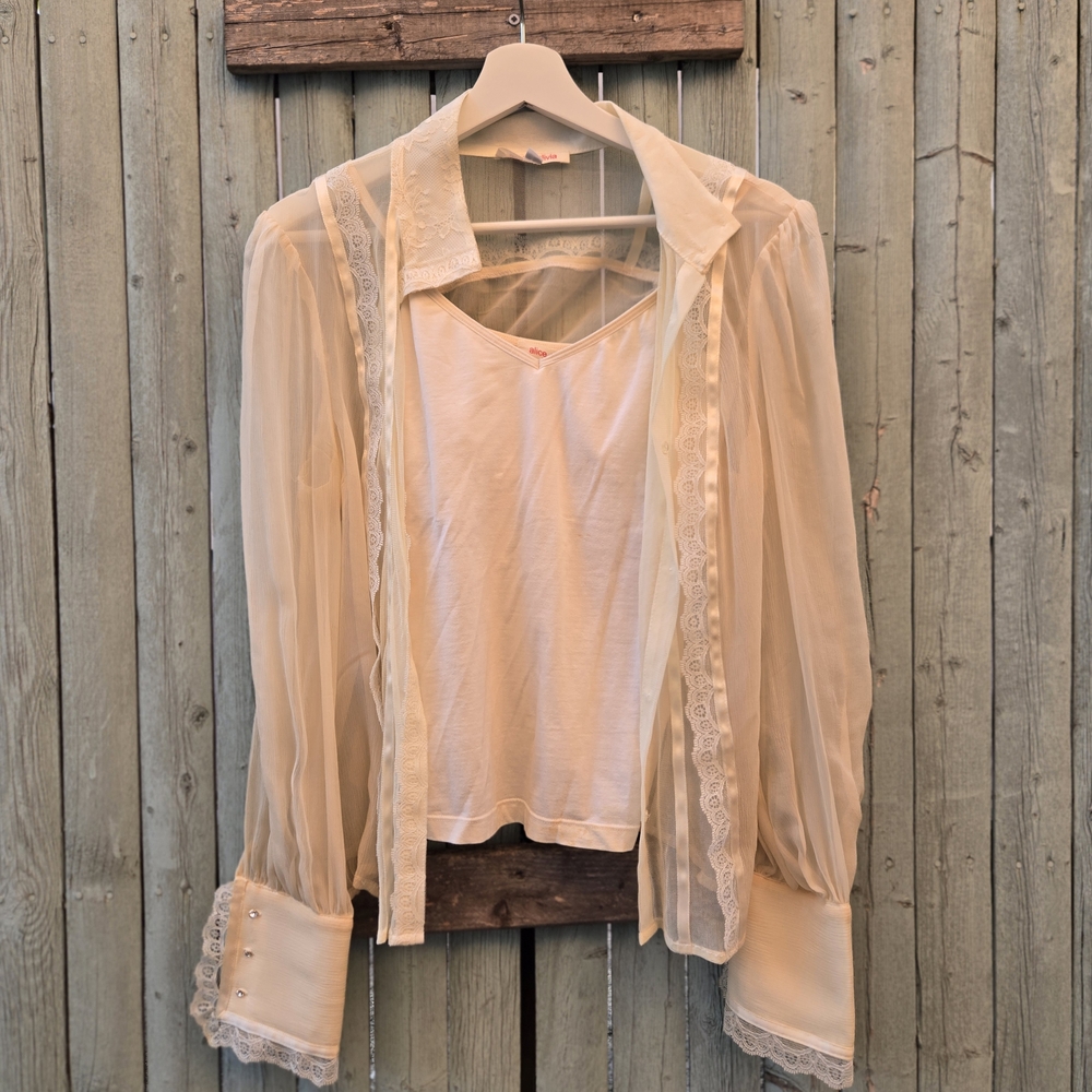 Alice + Olivia Sheer Silk Lace Blouse – Vintage,  Ivory, Large